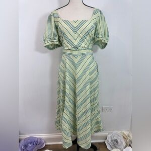 New York & Company Green Stripe Linen Blend Tie Waist Dress Women’s Size Large